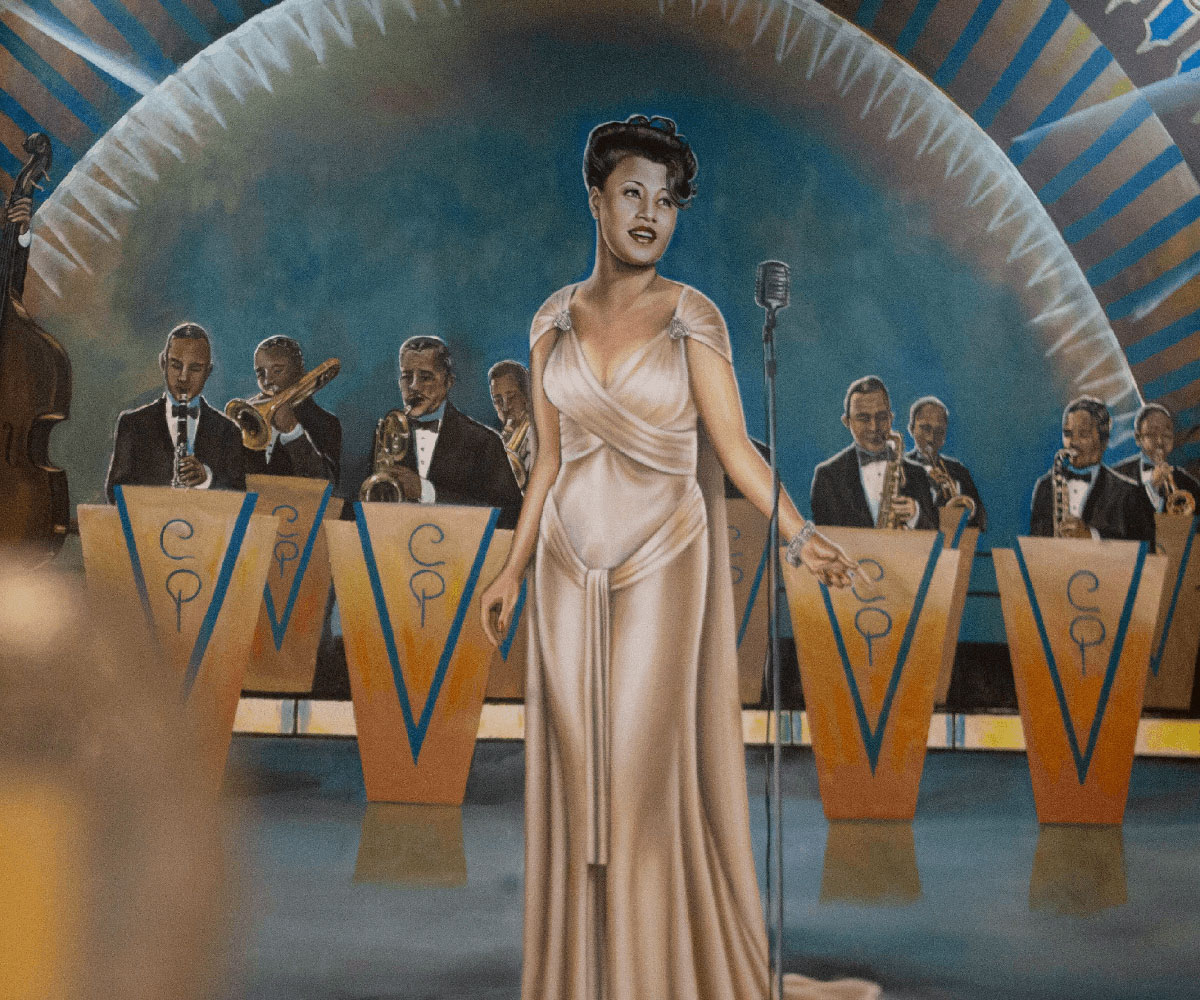 Painting of an early 1920s - 1940s jazz signer in front of a big orchestra band.