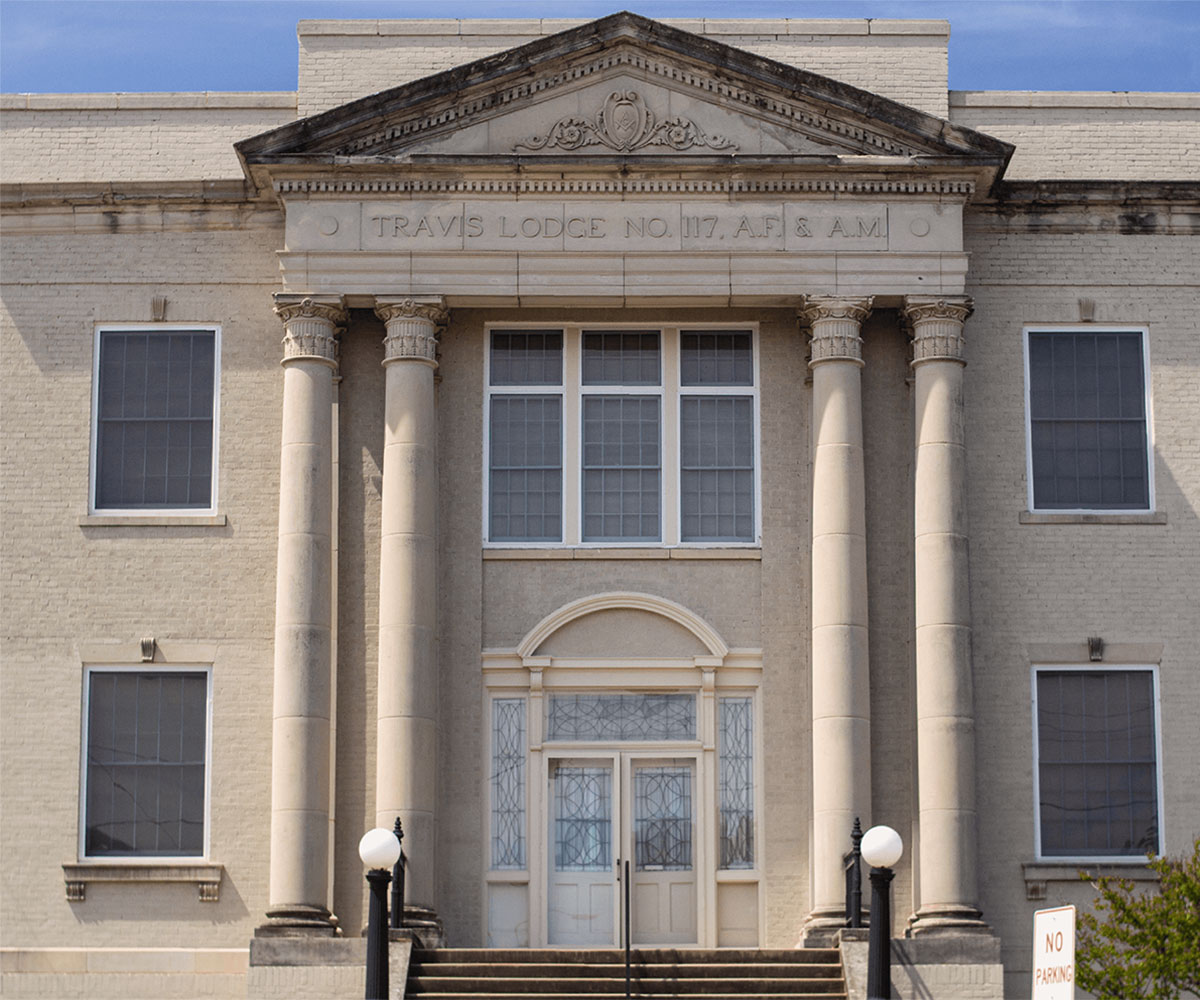 Photo of the front of the Sherman Jazz Museum building which was once the Masonic Lodge