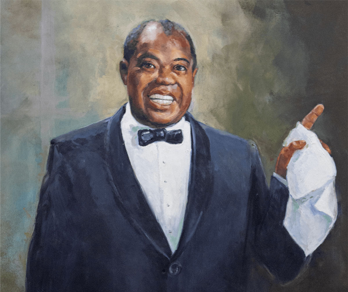 Painting of an African American Jazz Singer in a Tux holding a handkerchief and pointing to his left