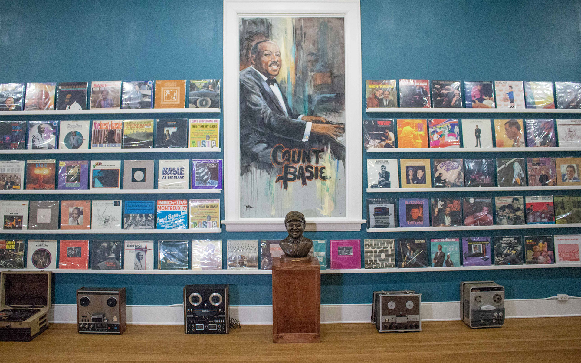 Photo of a Wall covered in jazz albums